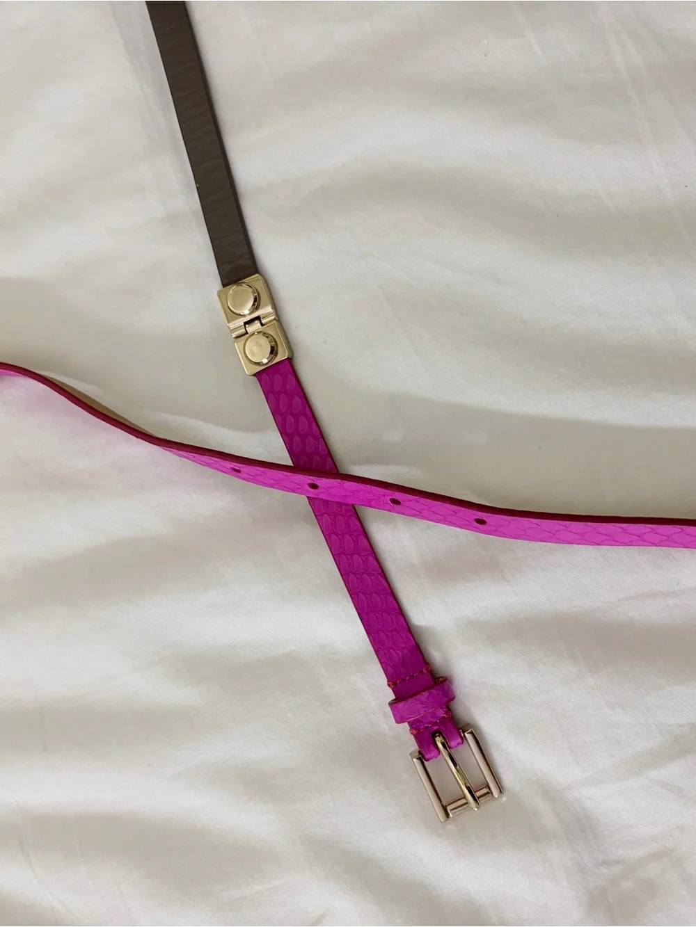 J.Crew Genuine Leather Skinny Belt Pink Taupe Gray Gold Hardware Size S - Picture 7 of 9